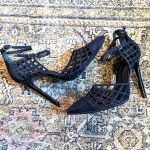 Schutz Black Suede Lattice Point Poe Pump Heel